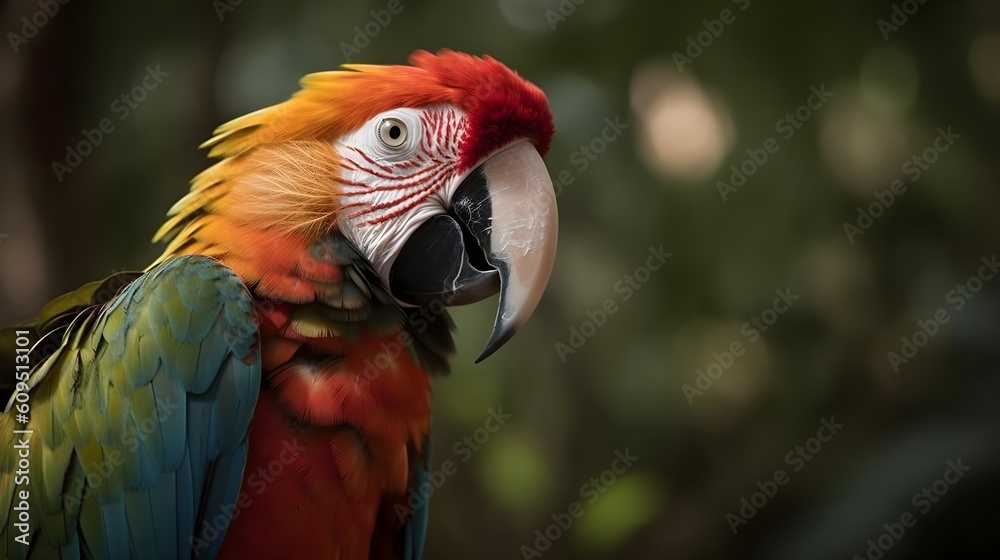 Close up portrait shot Red Scarlet Macaw parrot bird nature blur bokeh background. Generative AI technology.