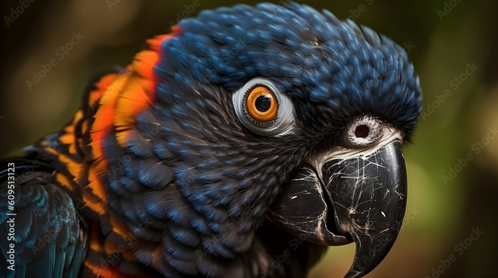 Fototapeta premium Close up portrait shot two Red Scarlet Macaw parrot bird nature blur bokeh background. Generative AI technology.