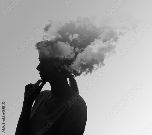 Thoughtful woman with mist and clouds in head symbolizing amnesia on grey background photo