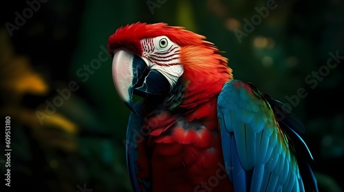 Close up portrait shot Red Scarlet Macaw parrot bird nature blur bokeh background. Generative AI technology. © Riocool