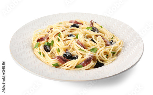 Plate of delicious pasta with anchovies, olives and parmesan cheese isolated on white