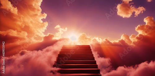 Stairway to heaven with clouds and sun in background, beautiful scene