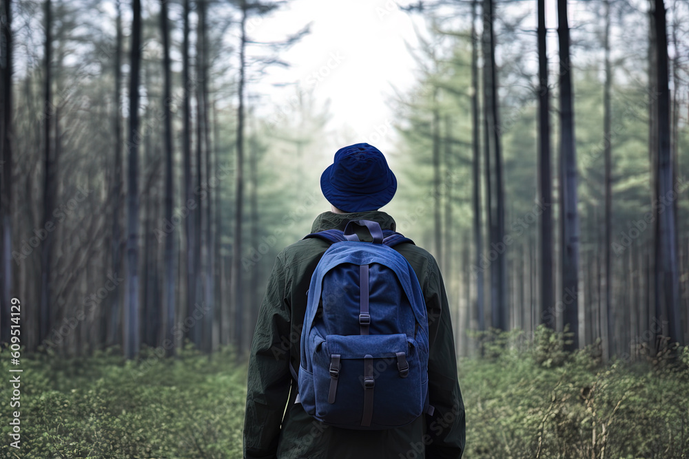 Back view young man with a backpack standing in the forest. Freedom and nature concept
