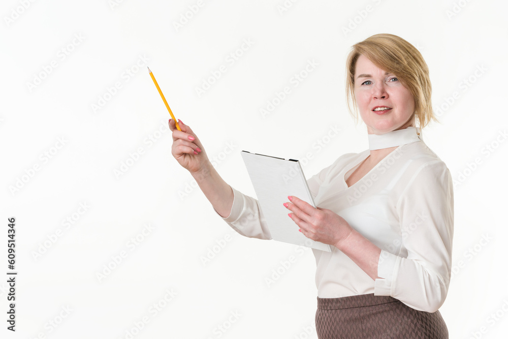 Businesswoman holding clipboard, pointing up finger with pencil. Concept planning, business strategy Businesswoman holding clipboard, pointing up finger with pencil. Concept planning, business strategy