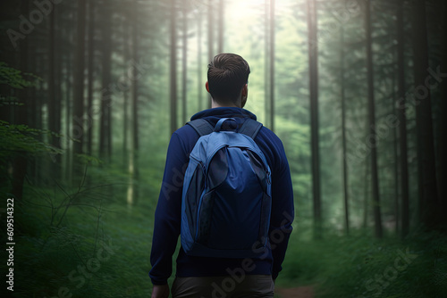 Back view young man with a backpack standing in the forest. Freedom and nature concept