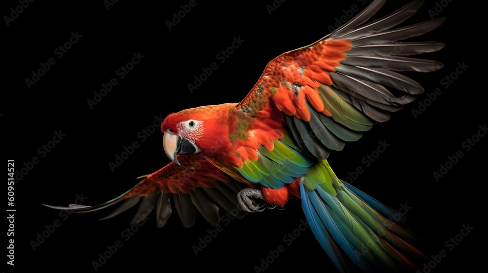 Close up portrait shot Red Scarlet Macaw bird isolated on black. Generative AI technology. Close up portrait shot Red Scarlet Macaw bird isolated on black. Generative AI technology.