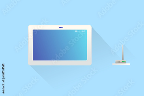 Digital screen mounted on the wall with long shadow.  Illustration of a smart display device installed in a smart home with a blue gradient background screen