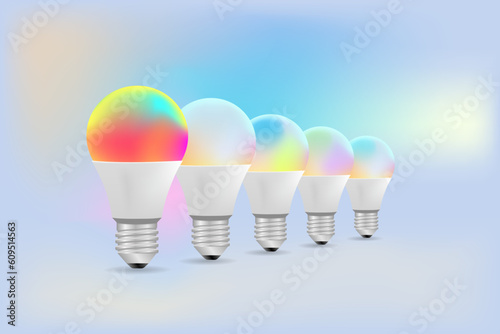 illustration of several choices of colorful smart lightbulbs that can be changed in color with an android application for smart home elements