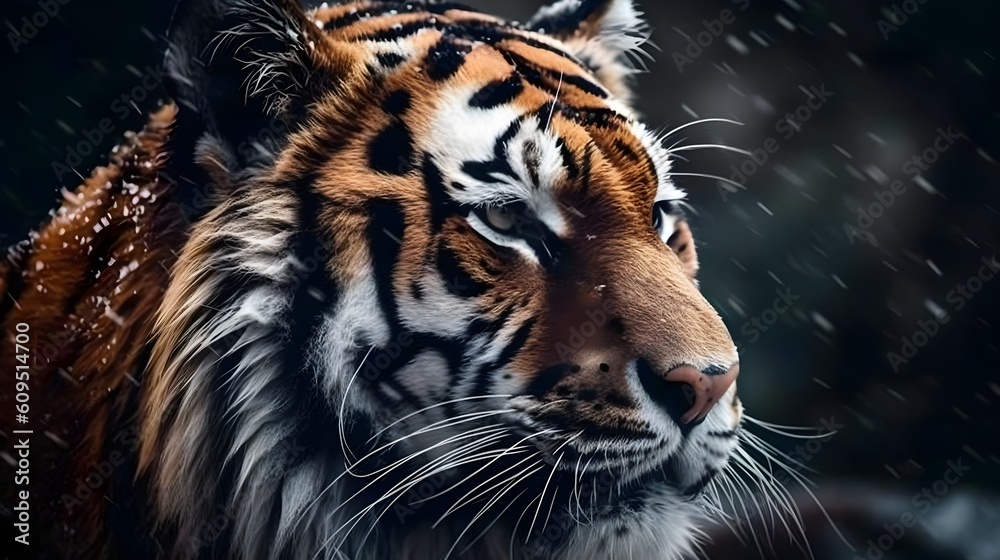 Close up portrait from side face ferocious carnivore tiger stare or looking straight forward at winter snow background. Generative AI technology.