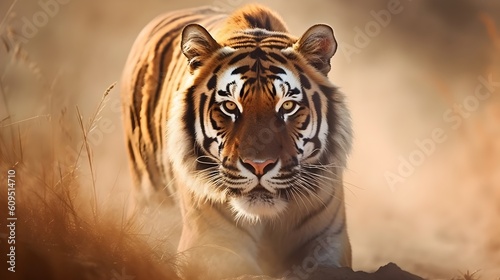 Close up portrait ferocious carnivore tiger stare or looking at the camera dessert savannah background. Generative AI technology.