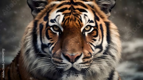 Close up portrait ferocious carnivore tiger stare or looking at the camera. Generative AI technology.