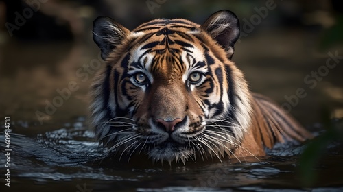 Close up portrait ferocious carnivore tiger stare or looking at the camera and get out from the water. Generative AI technology.
