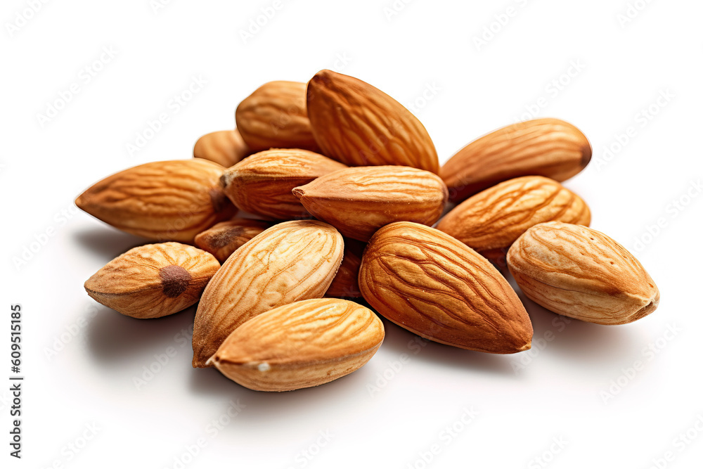 Fototapeta premium Product photography of fresh roasted almonds on a white studio background generative ai 