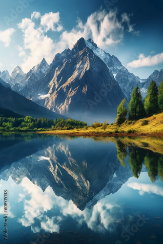 A calm lake surrounded by towering mountains. AI generative