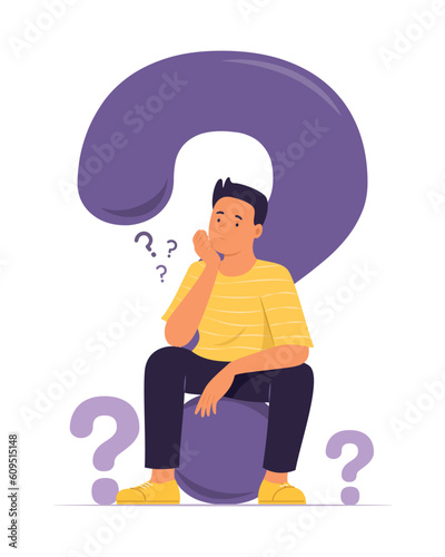 Man Thinking and Sitting on Big Question Mark Concept Illustration