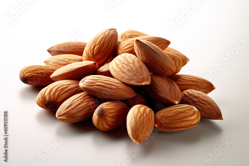 Product photography of fresh roasted almonds on a white studio background generative ai 