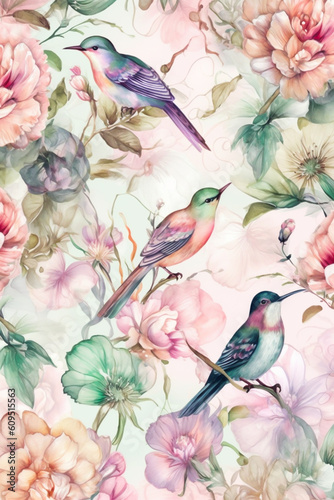 Vintage pastel flower illustration background. Generative Ai. © whannsweet