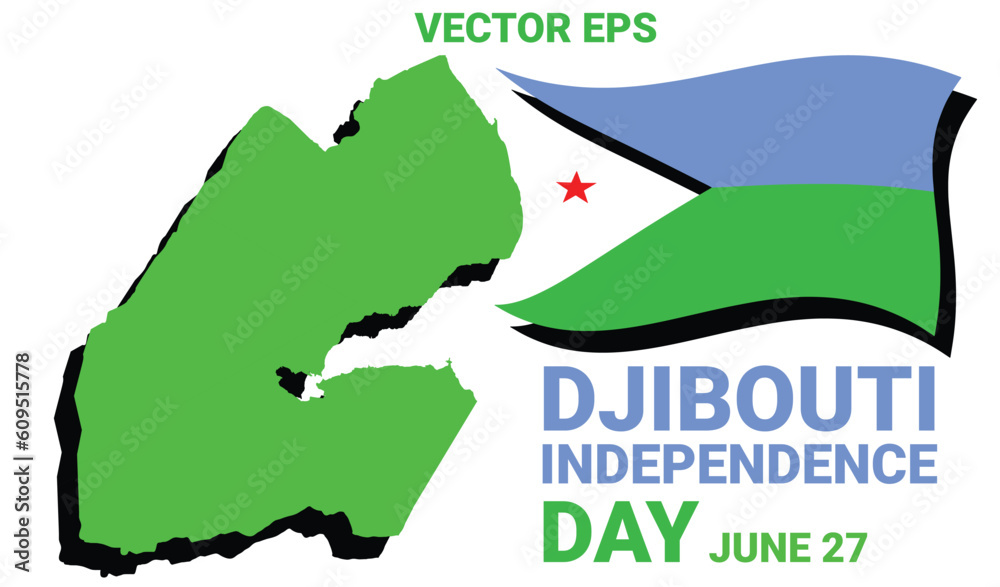 Djibouti wave flag with map land green color. Djibouti Independence day