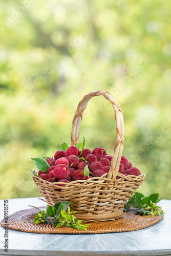 Arbutus berries Fruit or Red Yangmei in basket over blur greenery background  Red Bayberry  Yumberry  yamamomo  Waxberry in basket on green bokeh background