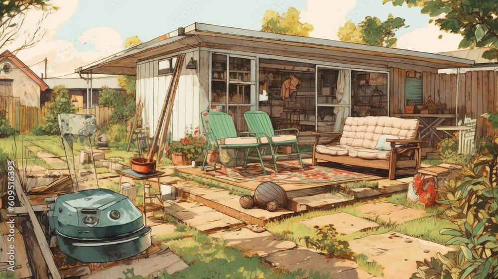 Cozy safe backyard scene illustration Cozy safe backyard scene illustration