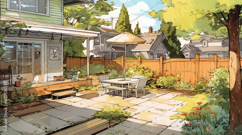 Cozy safe backyard scene illustration