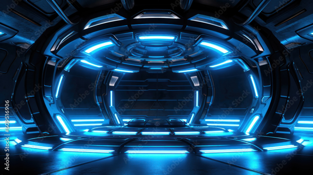 Sci-fi product podium showcase inside spaceship with security metal gate background. Technology and object concept. 3D illustration. Generative AI.