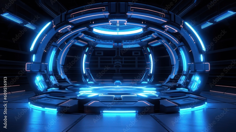 Sci-fi product podium showcase inside spaceship with security metal gate background. Technology and object concept. 3D illustration. Generative AI. Sci-fi product podium showcase inside spaceship with security metal gate background. Technology and object concept. 3D illustration. Generative AI.