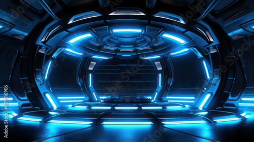 Fototapeta Naklejka Na Ścianę i Meble -  Sci-fi product podium showcase inside spaceship with security metal gate background. Technology and object concept. 3D illustration. Generative AI.