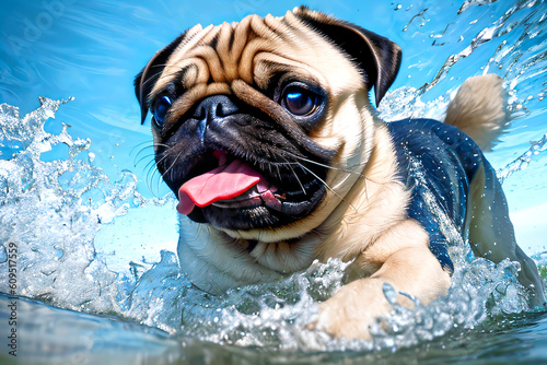 Pug dog swimming in the pool with splashes of water generative AI