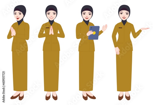 various styles and poses of beautiful Indonesian civil servants wearing uniforms and hijabs