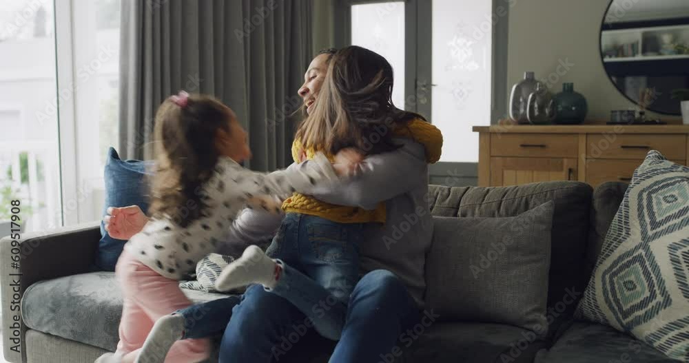 Young children, dad hug and living room in a family home with love, care and bonding. Running kids, father and watching tv of a girl with papa together in a house feeling playful with happiness