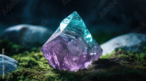 Blue and purple raw crystal. Kammererite gemstone. Raw mineral cube. Generative AI