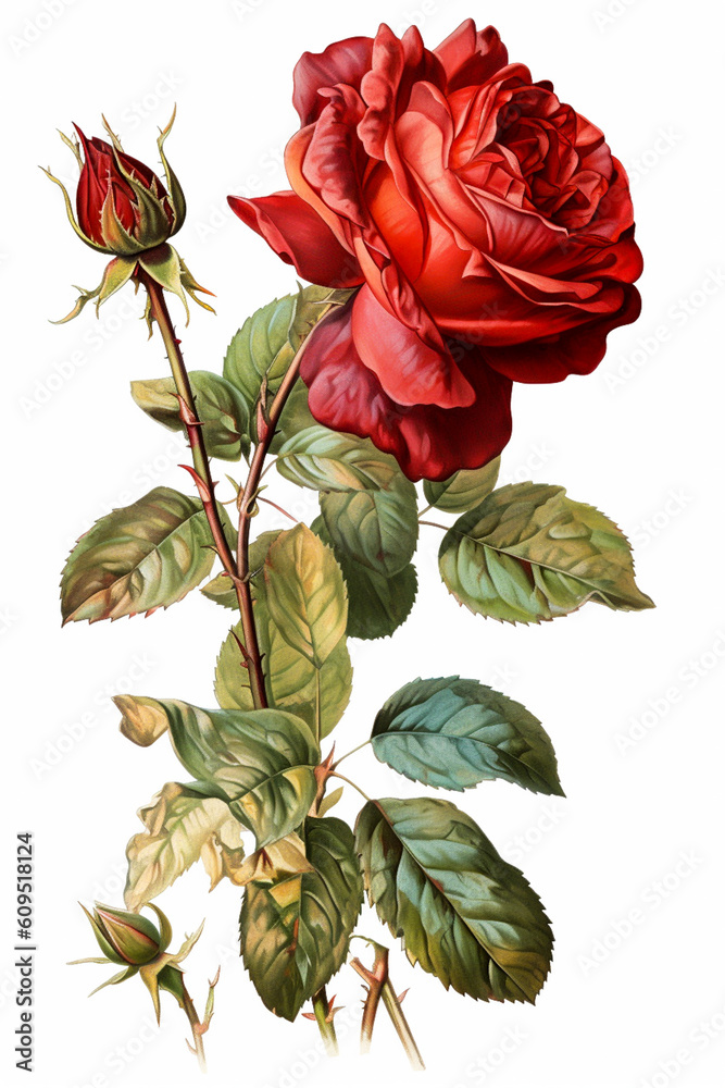 Fototapeta premium Red rose with green leaves isolated on white background. Watercolor illustration.