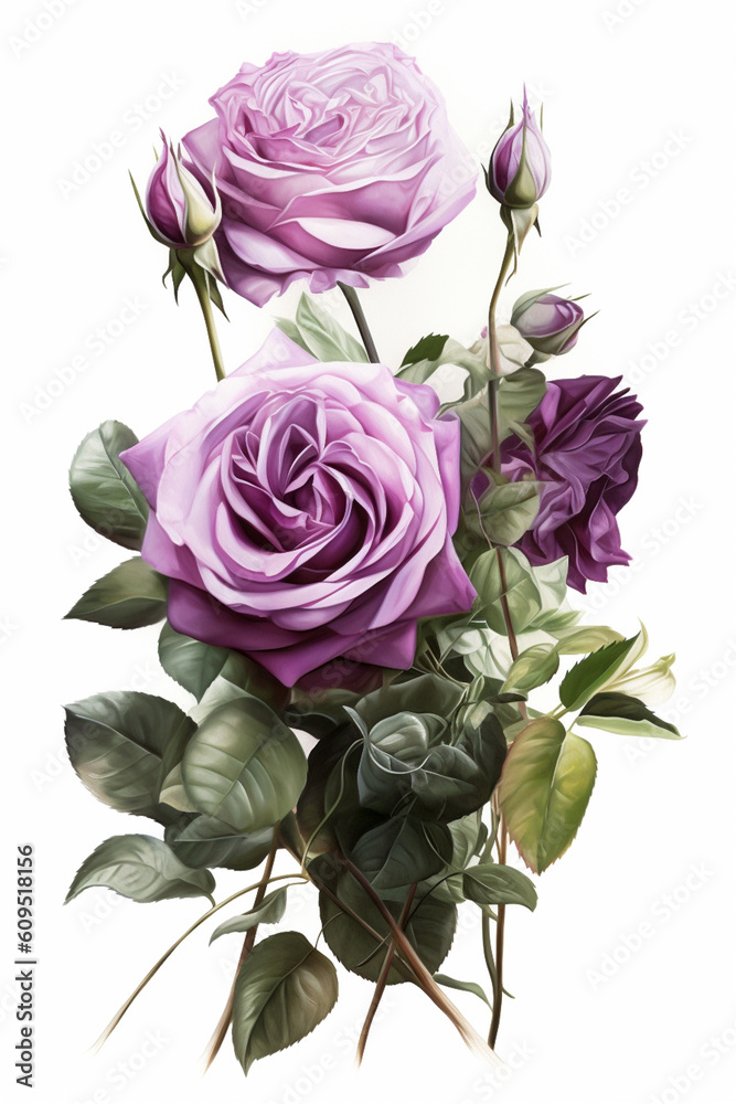 Bouquet of purple roses isolated on white background. Watercolor illustration.