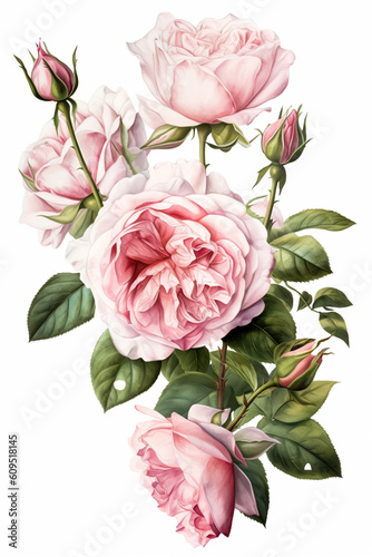 Beautiful pink rose on a white background. Watercolor illustration.
