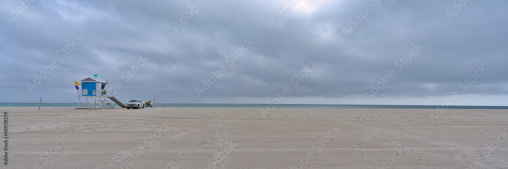 Deserted sand beach at Mimai during cloudy winter day 