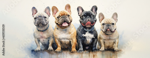 Watercolor French Bulldogs Sitting Together, Art Print. Generative AI.