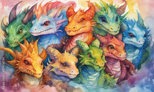 Watercolor Dragons,  Bring the Magic Home with DIY Printable Art, Posters, and Prints.  Create Your Own Fantasy Realm.  Generative Ai photo