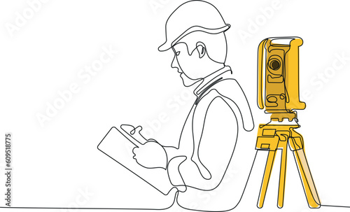 Close up of Caucasian worker with helmet on head using tablet for work while standing in warehouse. Surveyor with a tripod icon. Geodesic tripod. Vector illustration