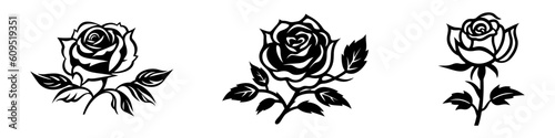 Set of vector black silhouettes of rose flowers isolated on a white background
