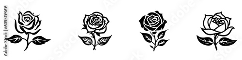 Set of vector black silhouettes of rose flowers isolated on a white background