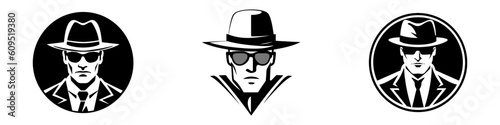 Set of detective agency emblems with abstract men heads in hats. Vintage vector illustration
