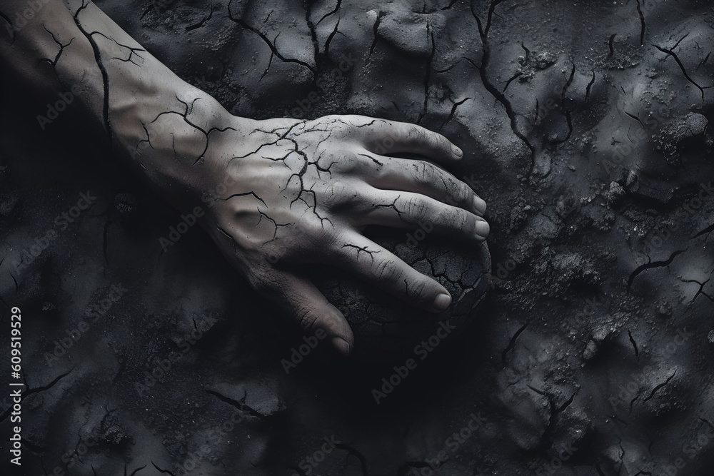 A man's hand on a sunken earth globe on a dried land. dying earth concept. A man's hand on a sunken earth globe on a dried land. dying earth concept.