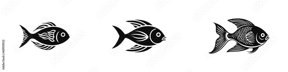 Fishes - set of isolated vector icons. Black on white background