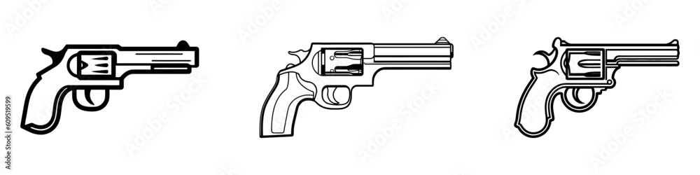 Set of pistols silhouettes. Revolver set on white background. Vector icon, logo