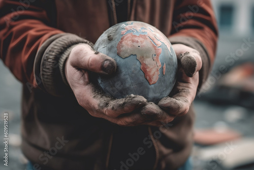 a man carrying an earth globe in both hands.  the earth is dying and have to save the earth concept.  