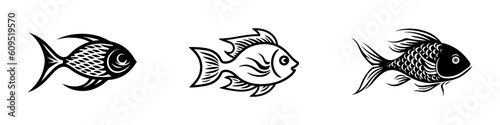 Fishes - set of isolated vector icons. Black on white background