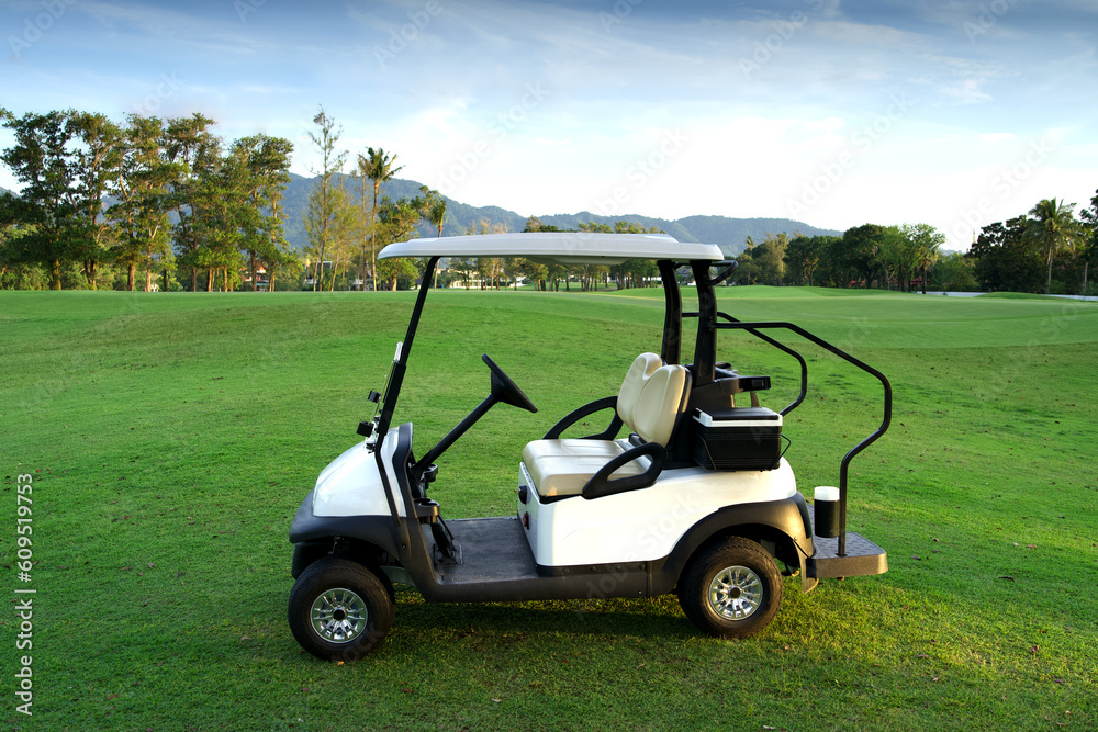 New white golf cart parked on golf course grass