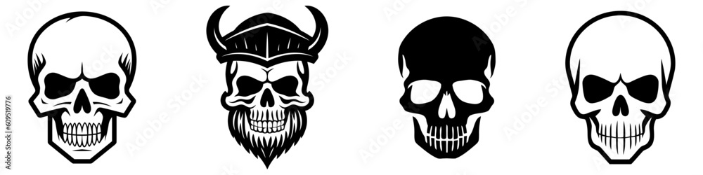 Set of Skulls isolated on white.Halloween elements. Vector illustration