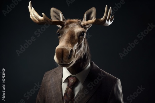 Anthropomorphic moose in a suit like a businessman. Business Concept. AI generated, human enhanced © top images